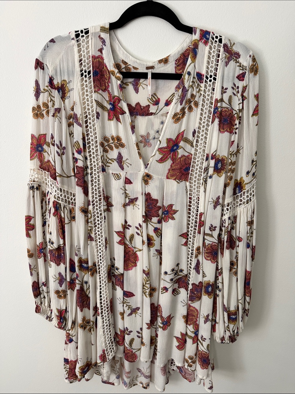 Free People Cream Floral Lace-Inset Peasant Tunic